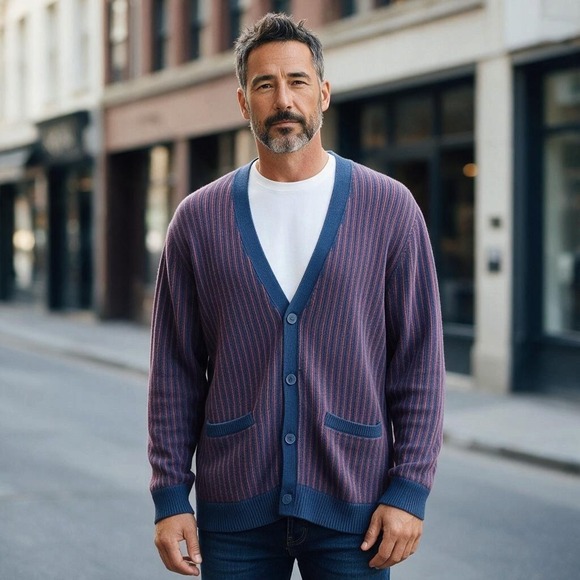Goodfellow & Co Other - Goodfellow & Co Mens L Cardigan Sweater Blue Burgundy Stripe V-Neck Button Front